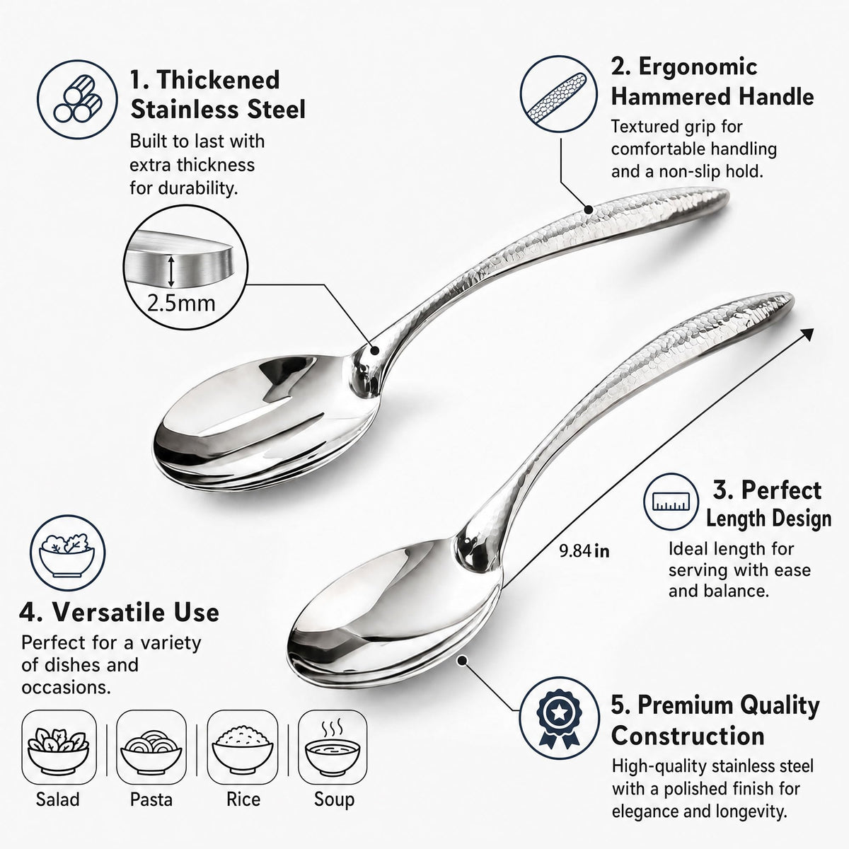 Stainless Steel Serving Spoon Set of 2, Solid Spoon & Slotted Spoon with Thick Non-Slip Ergonomic Handle, Heavy Duty Serving Utensils for Buffet, Party, Kitchen, 9.84 Inch
