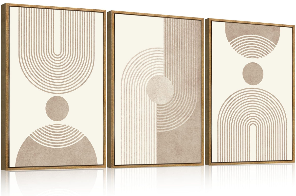 BINCUE Beige Neutral Canvas Wall Art Framed Geometric Abstract Wall Decor Mid Century Modern Artwork Wall Decor for Living Room Bedroom Office 16"x24" Set 3 Gift