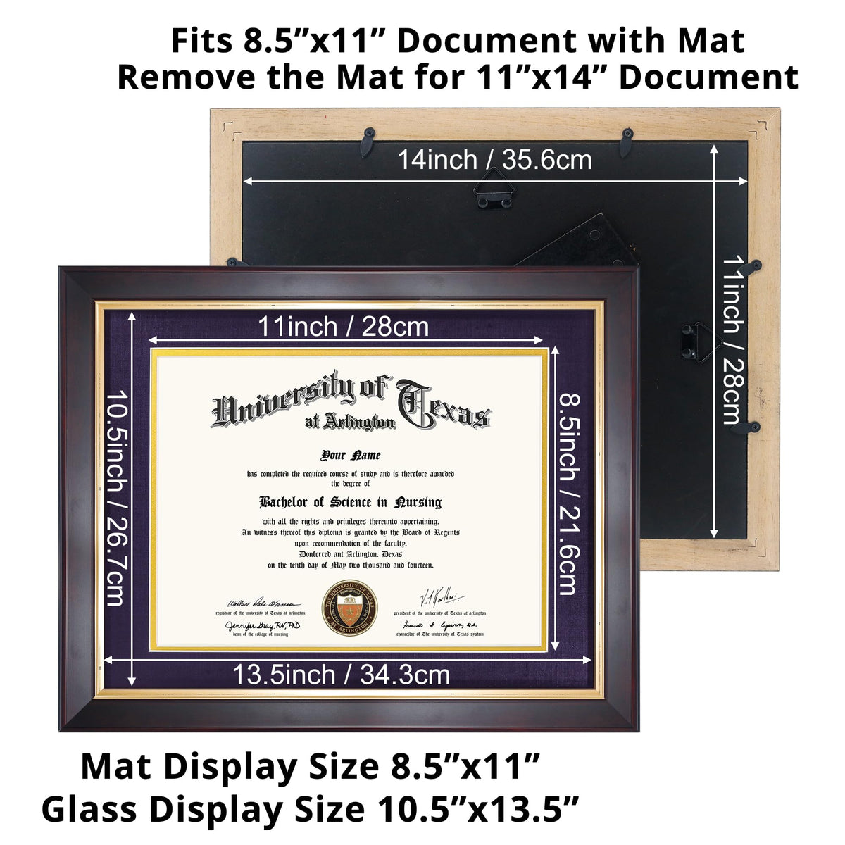 GMFrames 8.5x11 Wood Diploma Frame with Purple Mat or Display 11x14 Certificates without Mat,Tempered Glass,Deep Brown Finish with Gold Trim