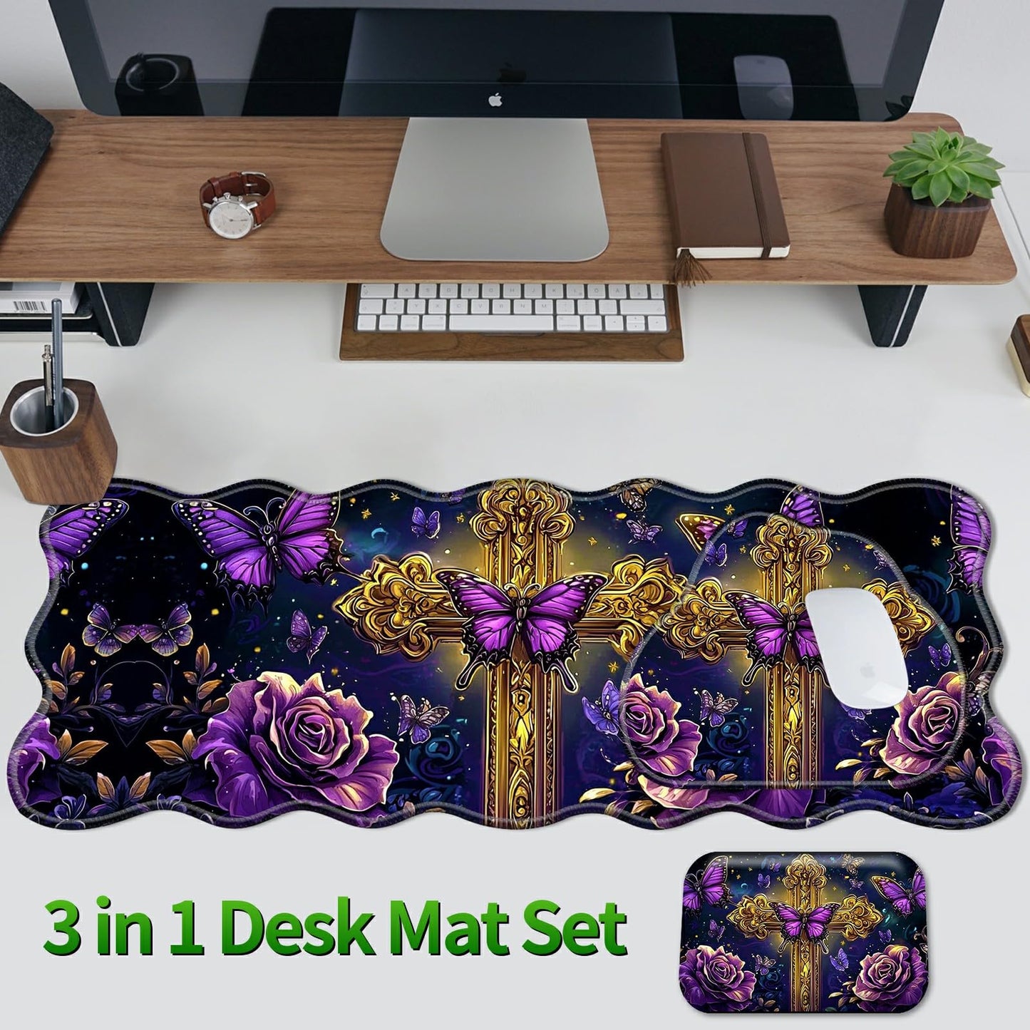 RWUTYTIUL 3-Piece Ergonomic Desk Mat & Cloud Wrist Rest Set, Large 31.5" x 11.8" Wave Office Desk Pad with Memory Foam Support Non-Slip Computer Protector for Home, Gaming, Purple Butterfly Cross