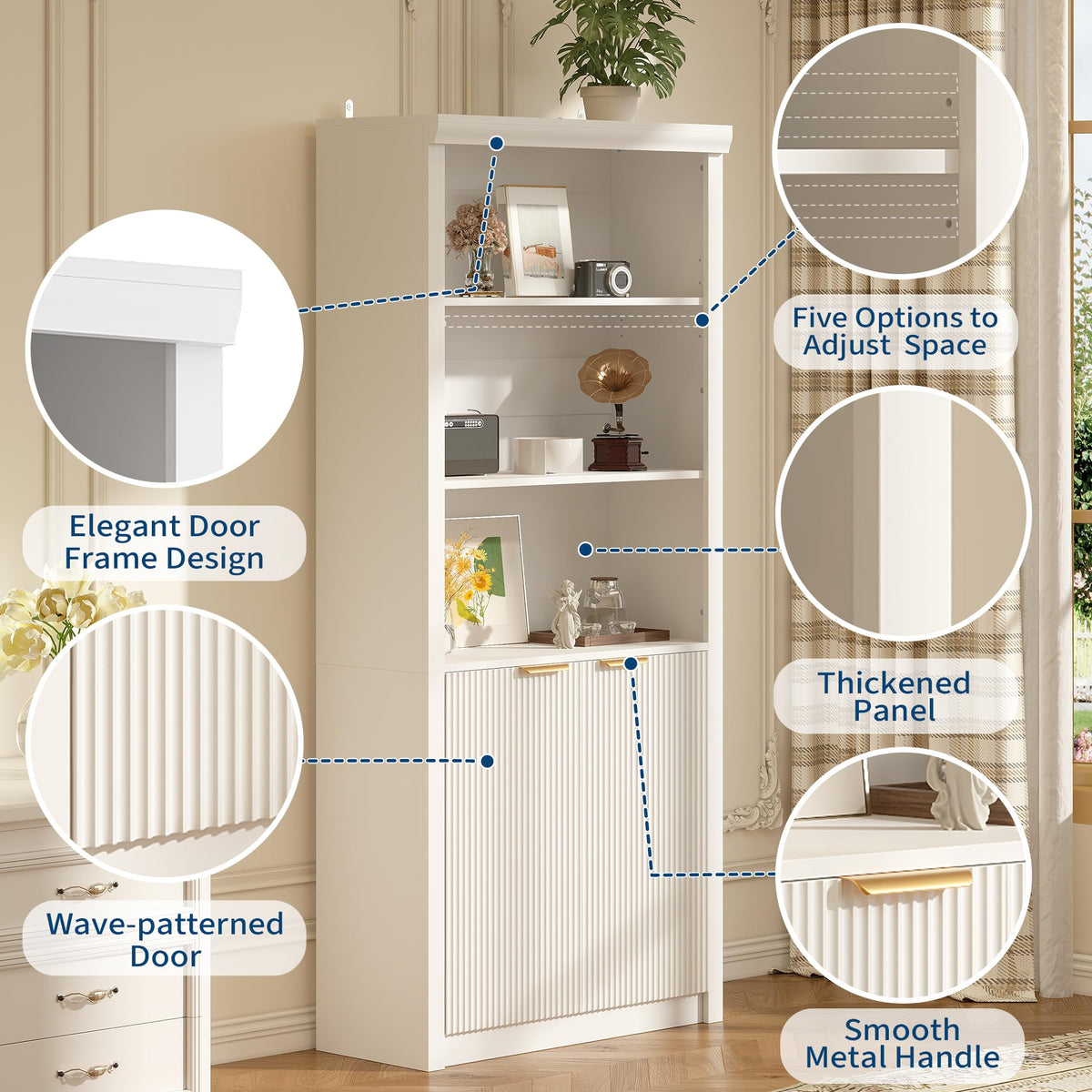 Garvee Tall Book Shelf and Bookcase, Wooden Bookcase with Doors, Modern Book Case with Large Storage Cabinet, 5-Shelf Bookcases with Adjustable top Shelve for Home Office, Living Room, 2 Set White