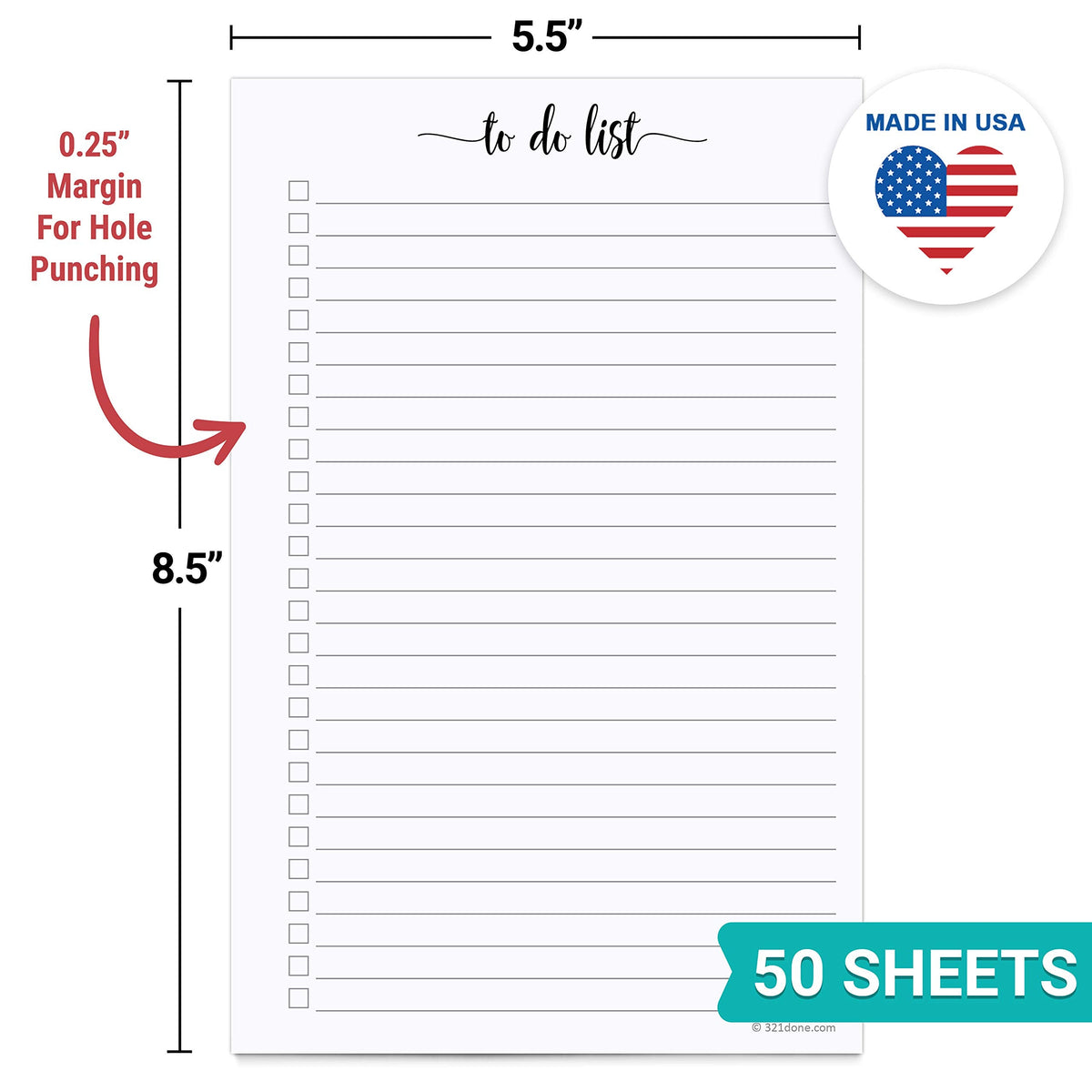 321Done To Do List Notepad for Planner Refill Pages – Made in USA - 50 Sheets (5.5x8.5) To-Do's Tear Off, Planning Memo Pad, Checklist Notes Left Hole Punch Margins - Simple Script College-Ruled