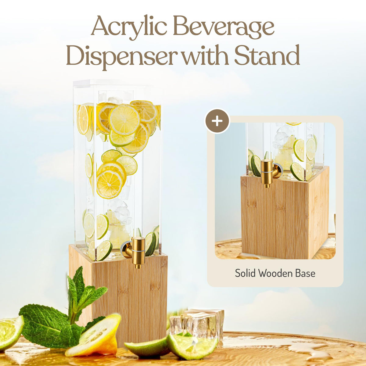 1.25 Gallon Acrylic Beverage Dispenser with Bamboo Stand – Iced Drink Dispenser with Stainless Steel Spigot & Built-in Ice Core