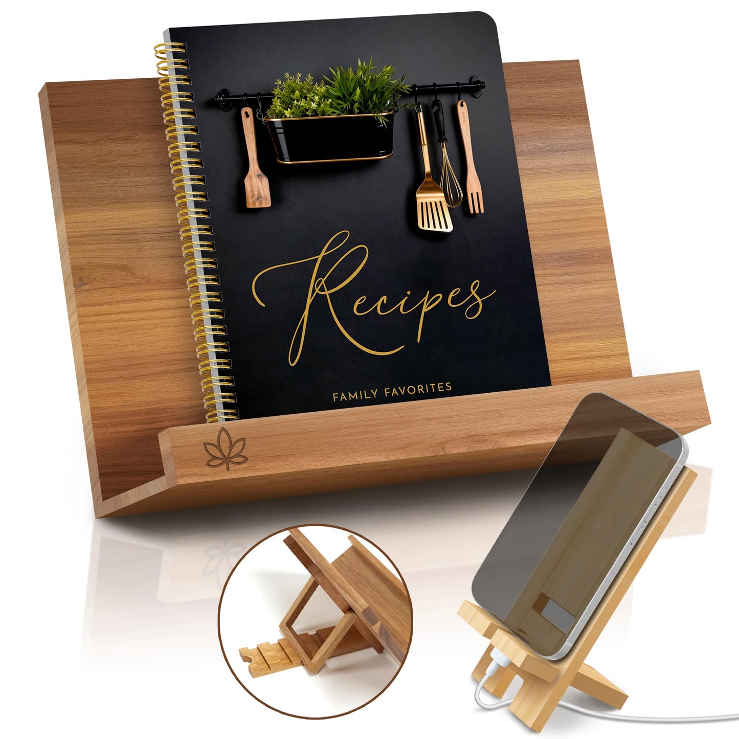 Wooden Cookbook Stand – Solid Acacia Recipe Book Holder for Kitchen Counter | Bamboo Phone Holder Included | 4 Ergonomic Angles | Foldable iPad & Tablet Stand | Gift-Ready Set with Box