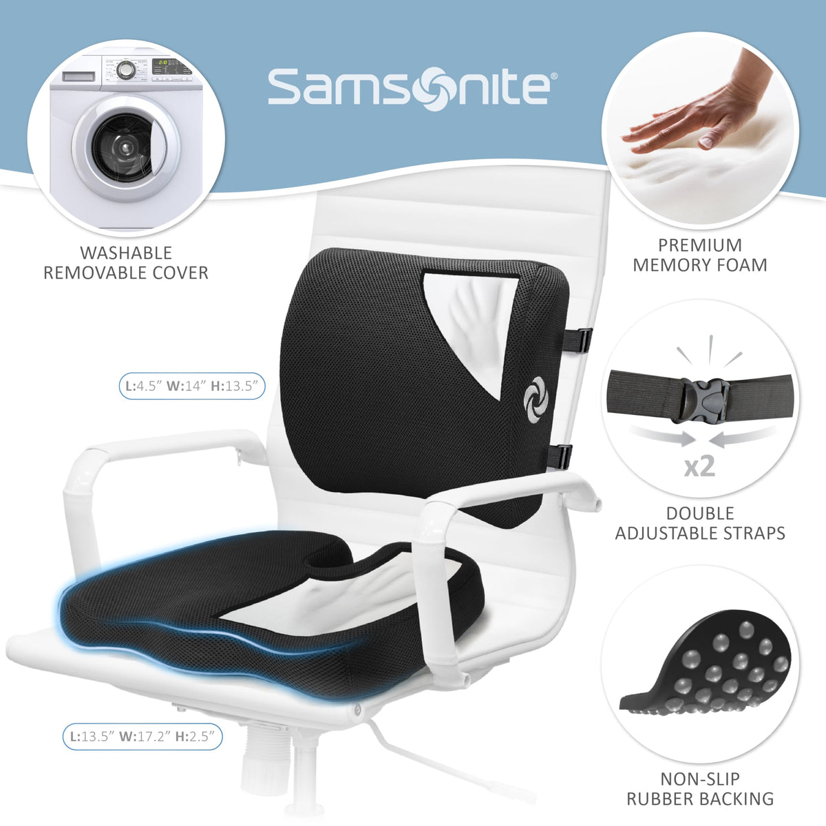 Samsonite Ergonomic Seat Cushion and Lumbar Support Cushion Combo, Memory Foam Office Chair for Back Support, Car Seat and Wheelchair Ergonomic Pillow, Premium Home and Office Desk Accessories
