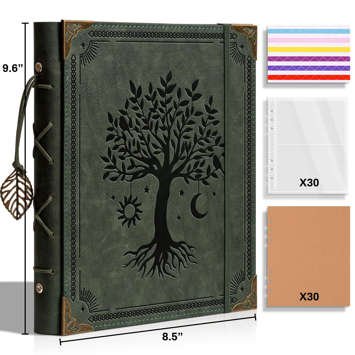 Vintage Photo Album 4x6 Leather Scrapbook Album with Writing Space 120 Photos & 30 Sheets DIY Paper Memory Albums Book for Anniversary Travel Vacation Family Tree, Green