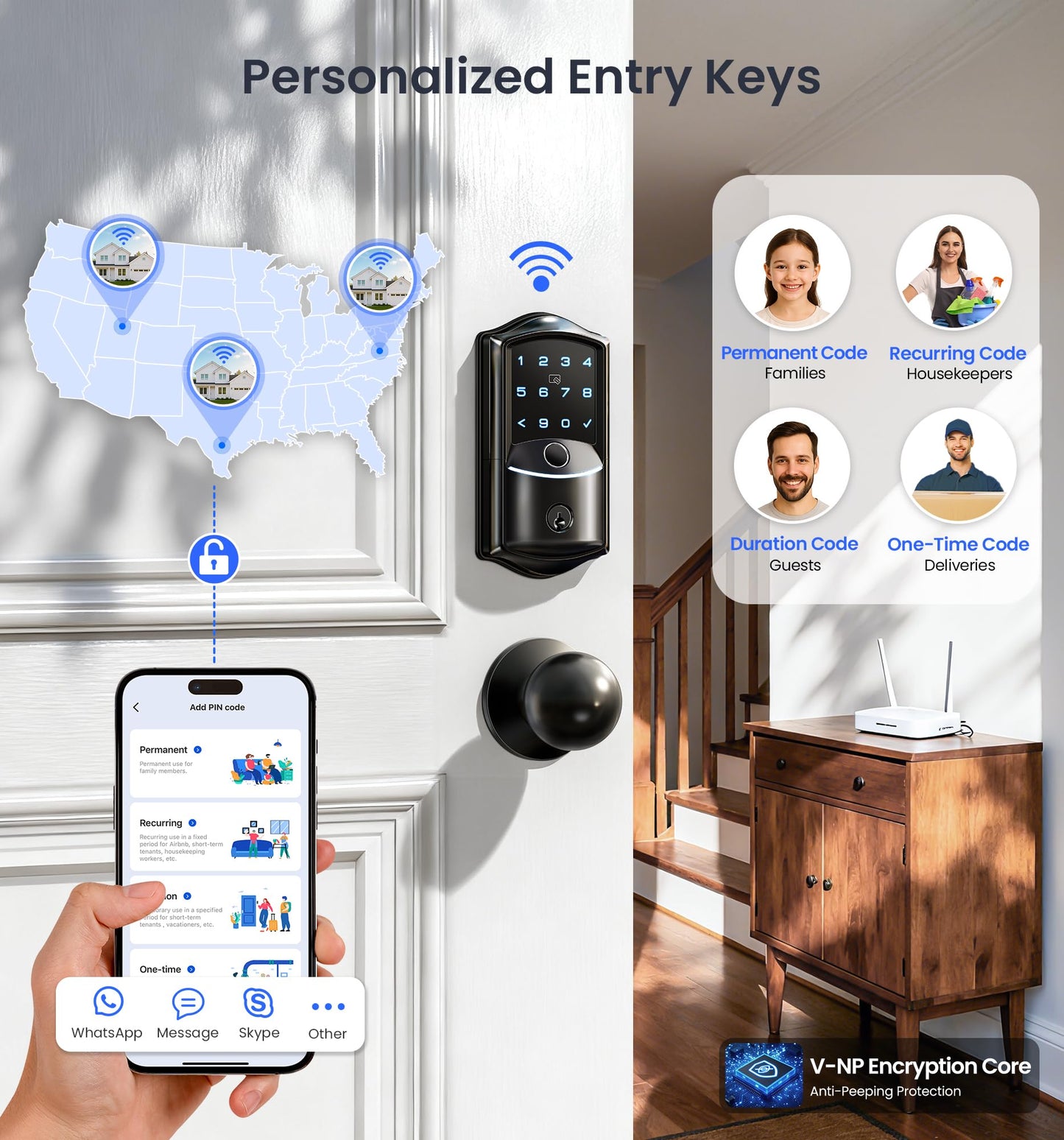 Veise VE027-K Built-in WiFi Smart Lock with 2 Knob, Fingerprint Keyless Entry Door Lock Handle Set for Front Door, App Remote Control, Electronic Digital Keypad Deadbolt, IP65 Waterproof, Matte Black