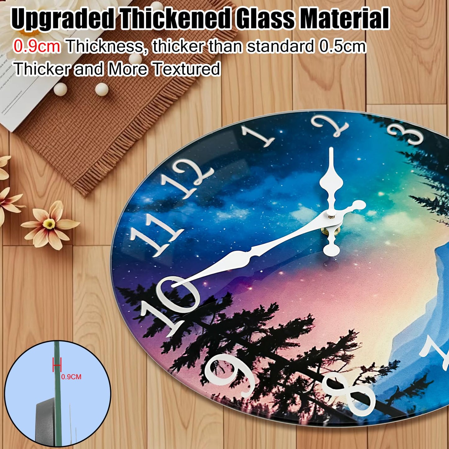 TGHHPC 12 Inch Wall Clocks Battery Operated - Premium Glass Silent Wall Clock, Unique Aurora Non Ticking Decorative Analog Clock for Bedroom Living Room Office Kitchen Gym Hotel Classroom Farmhouse