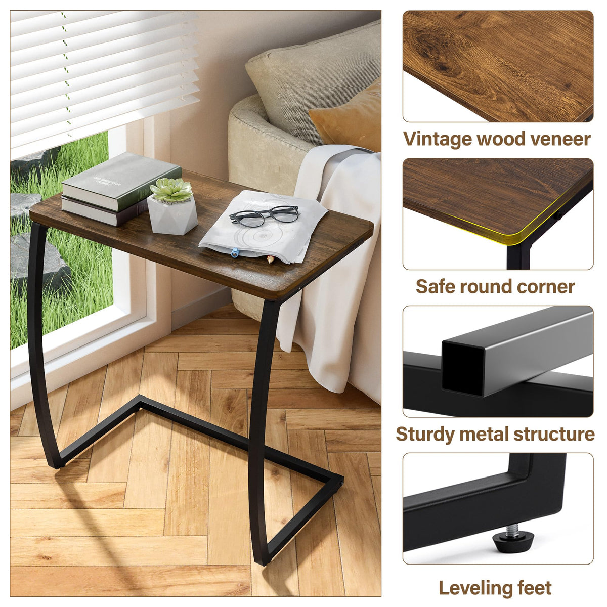 SRIWATANA Side Table, End Table, Vintage C-Shaped Couch Table for Sofa Laptop Coffee Snack, Walnut