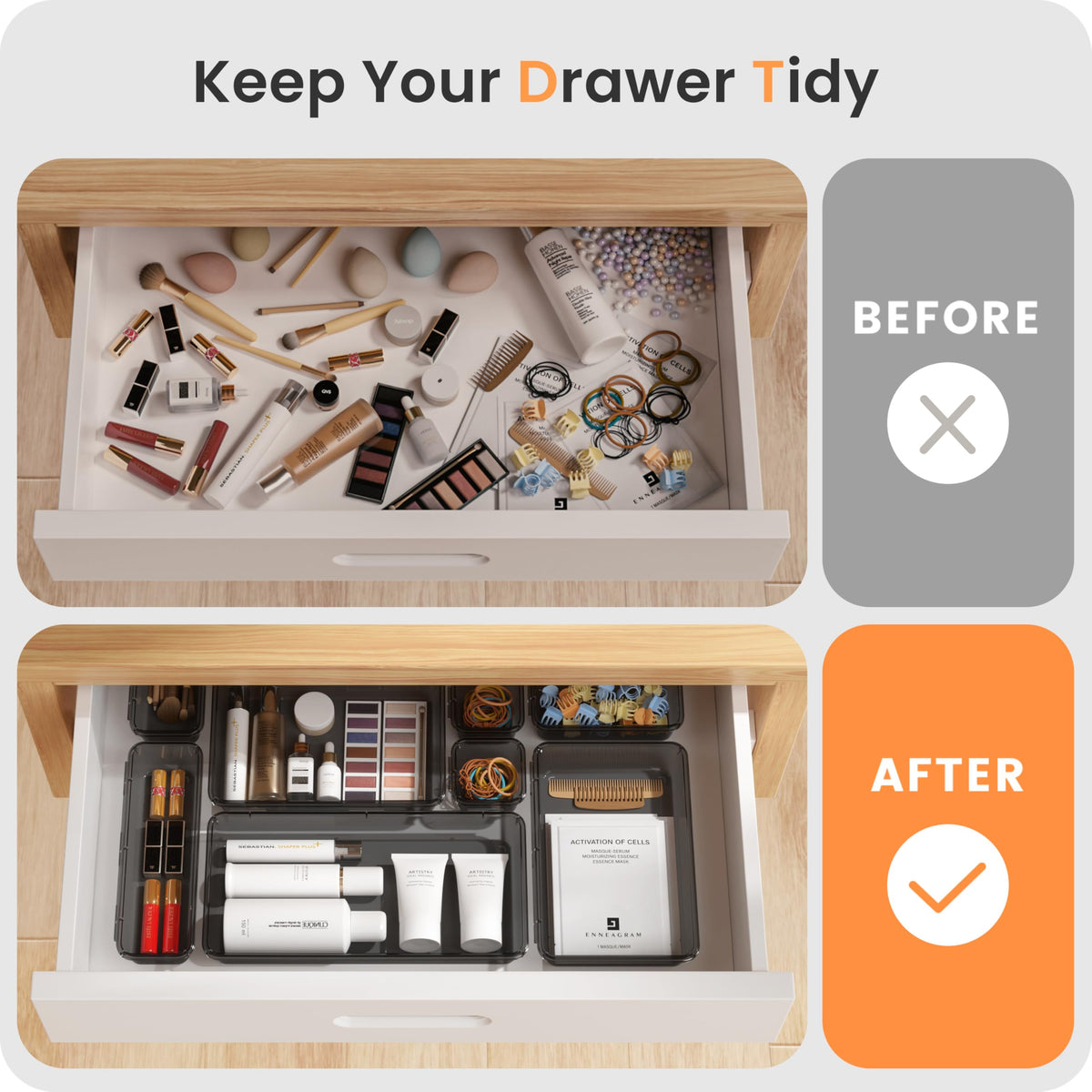 A-LuGei 【Military Grade】 Drawer Organizer, 【𝟱𝗦𝗶𝘇𝗲】 Clear Makeup organizer, 【Holds 177 Items】 Bathroom Organizers and Storage, Plastic Desk Organizer Divider, Organizer Bins for Office Vanity