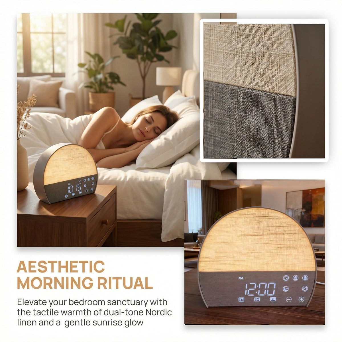 PAWPAWSEN Sunrise Alarm Clock with Bluetooth Speaker & FM Radio - Dual Wake Up Light, 30 Soothing Sounds, Sunset Sleep Aid, Minimalist Aesthetic for Heavy Sleepers, Kids & Bedroom Decor