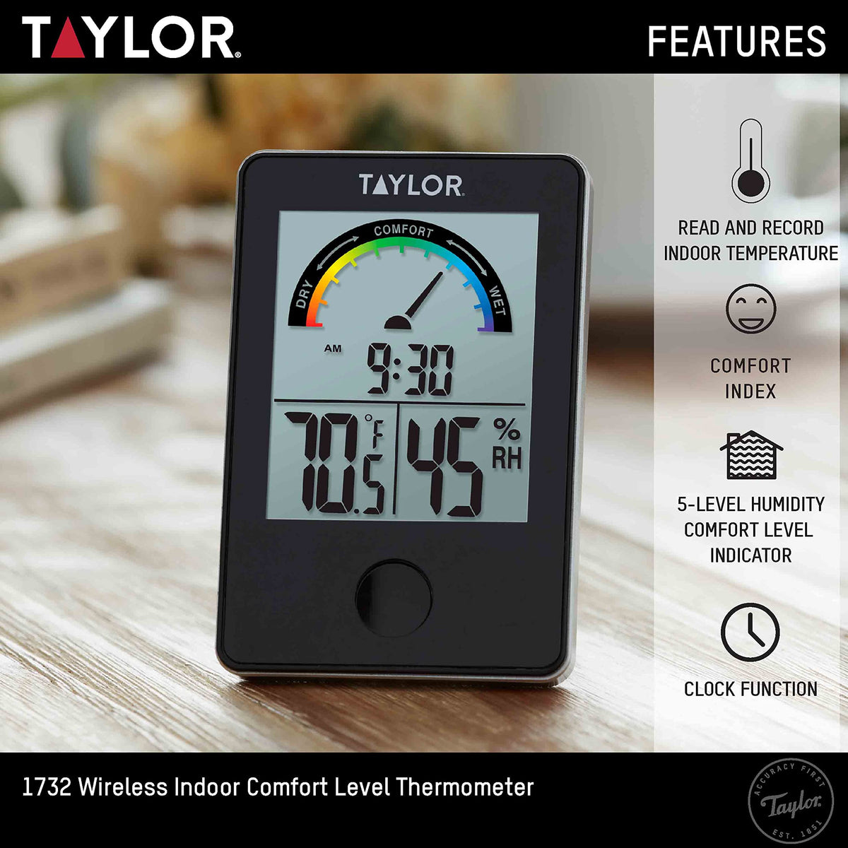 Taylor Digital Wireless Indoor Comfort Level Thermometer and Hygrometer, Easy-to-Read Display for Home, Office, Greenhouse, Nursery, and Indoor Areas, Black