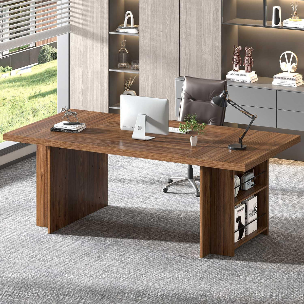 FOLUBAN 70 Inch Executive Desk, Large Computer Desk for Home Office, Long Study Writing Gaming Table for 2 Person, Modern Wood Conference Table Workstation, Rustic Walnut