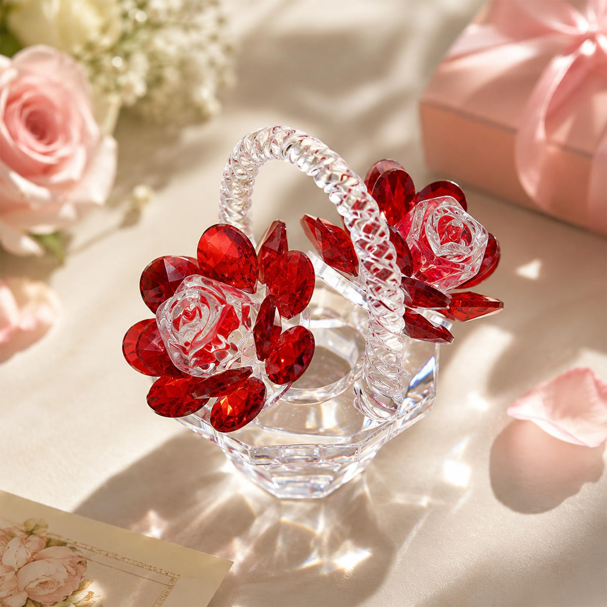 H&D HYALINE & DORA Crystal Red Rose Flower Basket Crystal Collectible Figurines Ornaments for Home Decor Table Centerpiece