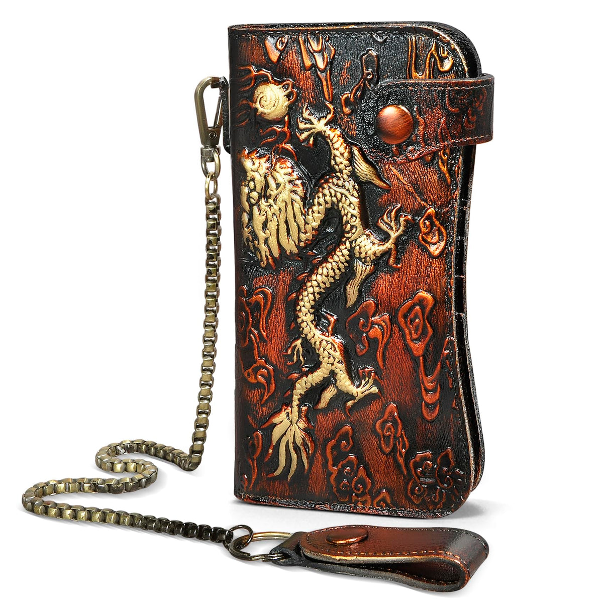 Handadsume Genuine Crazy Horse Leather Travel Gift Coin Pocket Card Case Long Organizer Chain Rfid Wallet Purse With Snap For Men Male 1088 (1088 Orange)