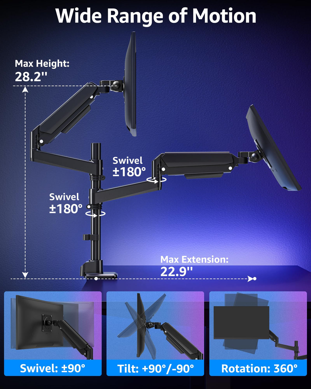 MOUNTUP Dual Monitor Stand Fits 49 45 42 40 39 34 32 Inch Screens, Heavy Duty Dual Monitor Arm Holds 7.7-44 lbs, Vertical Stacked Monitors Mount, Full Motion, Height Adjustable, VESA Mount