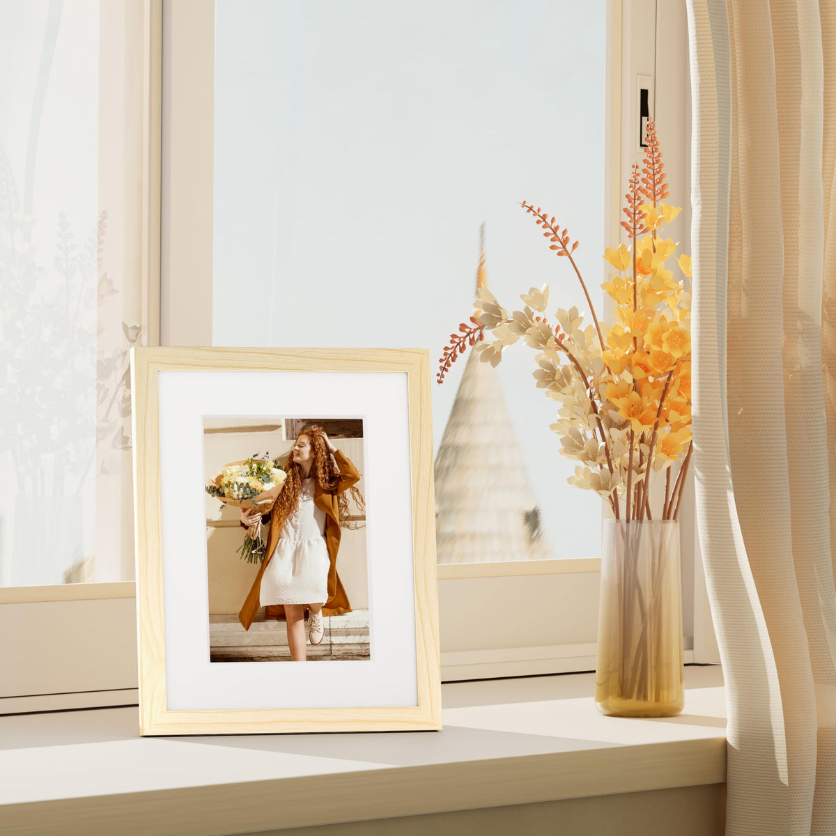 Vittanly 11x14 Picture Frame Set of 4, Display Pictures 8x10 with Mat or 11x14 without Mat, Engineered Wood with Shatter Resistant Plexiglass, Photo Frames for Wall or Tabletop Display, Natural Wood