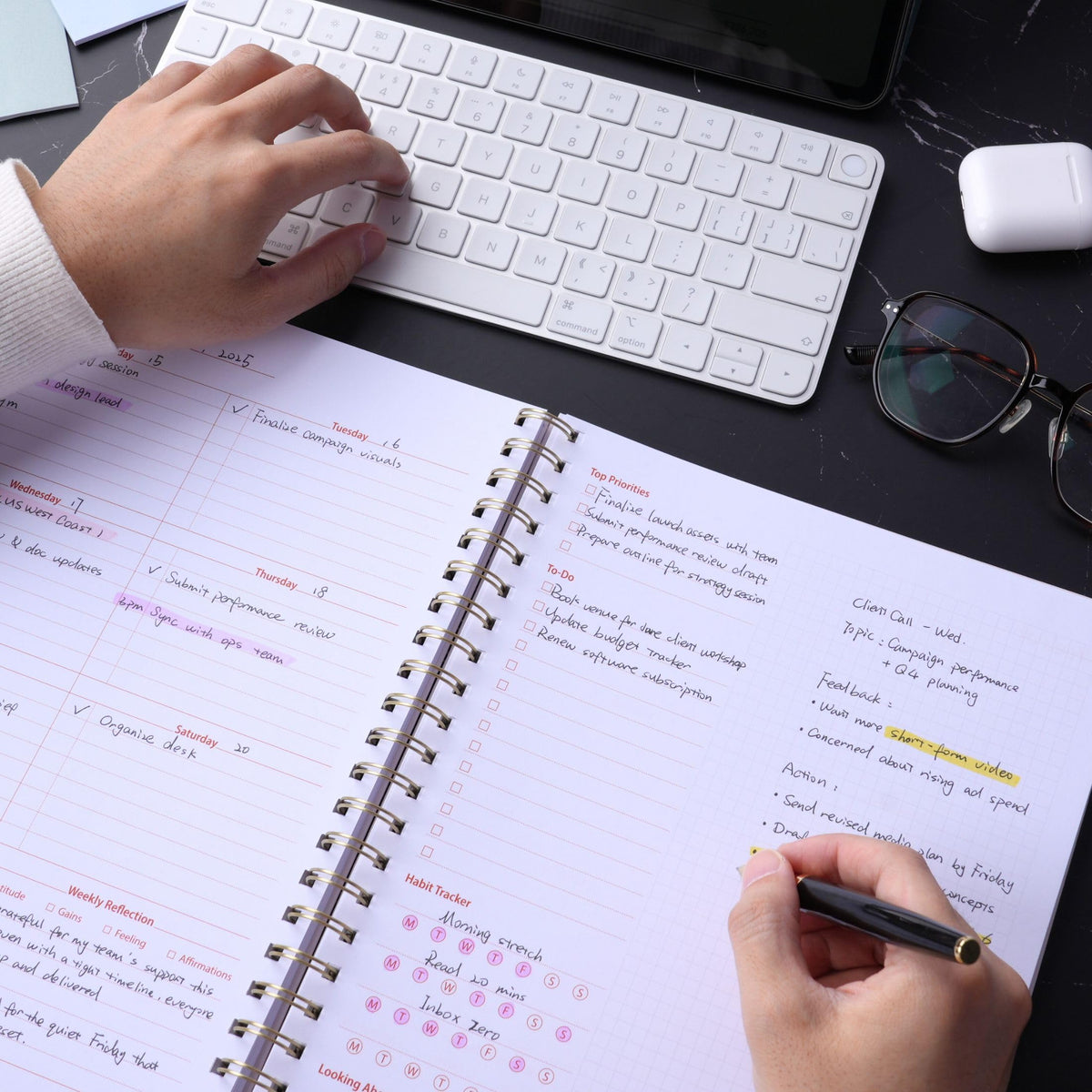 Undated Weekly Planner, 8.5x11” – Dashboard Layout with Yearly Review, Monthly Calendars, & Weekly To Do List, Spiral Bound Organizer for Work, Study & Life (Black)