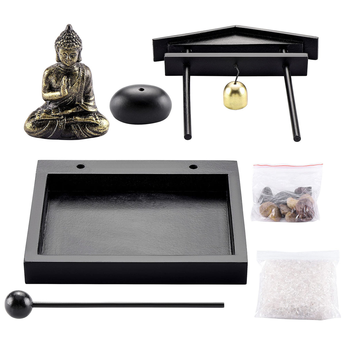 Jovivi Zen Garden Set Buddha Statue, Mallet & Rocks and Crystals & Incense Stick Holder Bowl & Wooden Display Tray for Yoga Meditaion Home Table Decor Gift