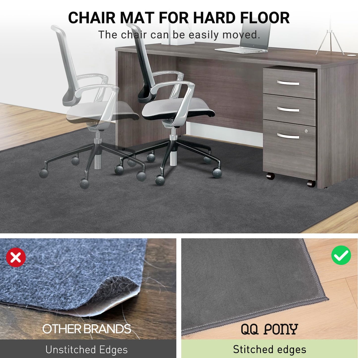 QQpony Office Chair Mat, 75" x 60" Large Chair Mat for Hard Floors, Flannel Fabric Area Rug for Hard Surface, Floor Protector Under Desk Mat for Home Office (Dark Grey)