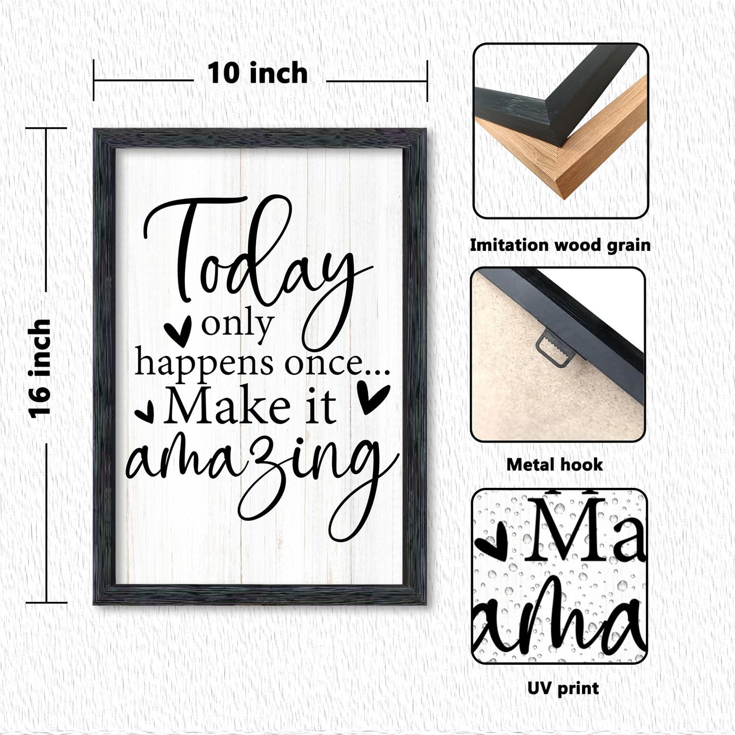 AuraPeak Today Only Happens Once Make It Amazing Inspirationa Quotes Office Wall Decor, Motivational Sayings Frame Rustic Home Living Room Laundry Room Wall Art Hanging (Black 16"×10")