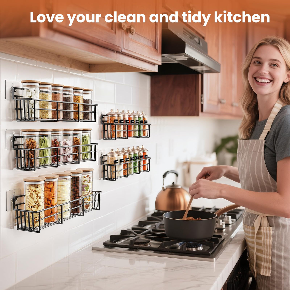 Mystozer 5 Pack Spice Rack Seasoning Organizer Wall Mount, Screw or Adhesive Hanging Shelf Basket Spice Organizer Shelf for Kitchen, Black