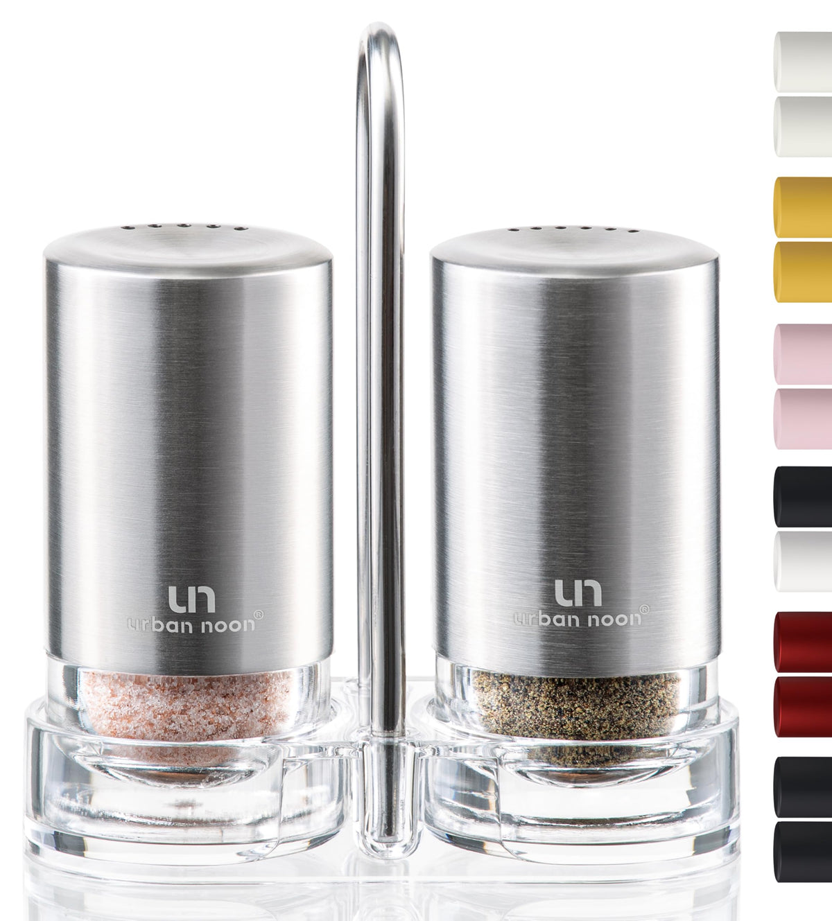 Salt and Pepper Shakers with Holder - Elegant Stainless Steel Salt Shaker and Pepper Shaker Set with Acrylic Holder for Kitchen Counter or Restaurant Table