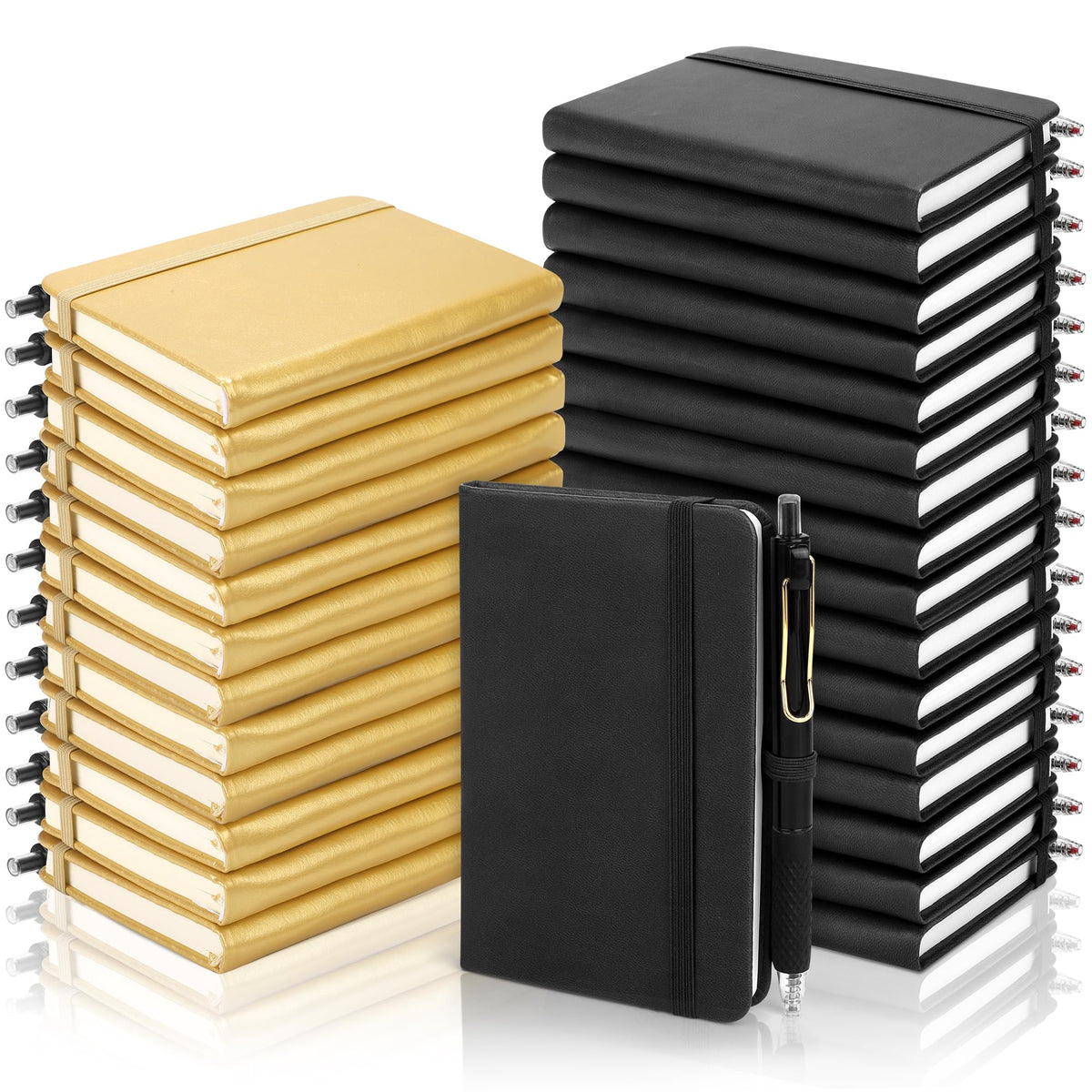 Aodaer 50 Sets Graduation Gifts Pocket Notebook Journal with Pens, 160 Page, 3.5 x 5.5 Inch Mini Lined Journal Notebook A6 Leather Hardcover Notepad with Pen Holder for School Office, Black and Gold