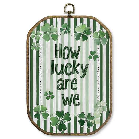 WUHSDIBC How Lucky Are We Quotes Octagon Wall Art Decor, Inspirational Positive Framed Canvas Art Prints, Trendy Preppy Green Striped Wall Hanging Decor for Home Bedroom Dorm Office, 10.2x7 Inches