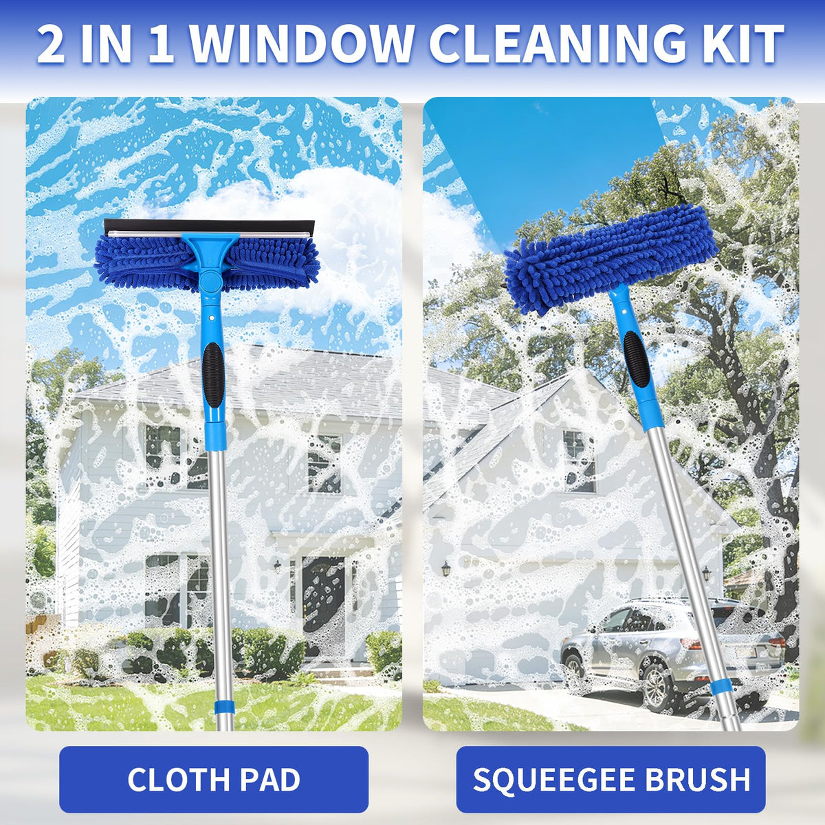 TIMIVO 109" Window Cleaning Squeegee Kit, Professional 2 in 1 Squeegee Window Cleaner with Extension Pole, Window Washing Kit with 2 Blade 2 Pads for Indoor & Outdoor High Windows Car Glass