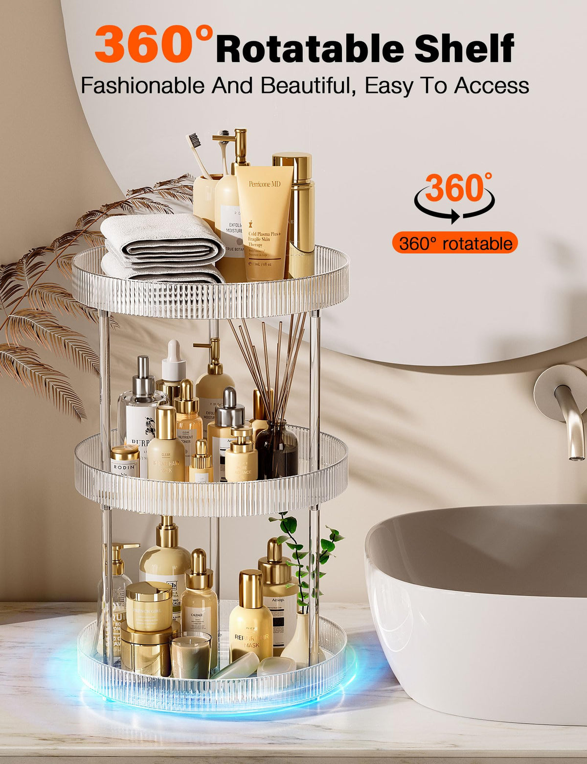3 Tier Lazy Susan Bathroom Countertop Organizer, 360° Clear Rotating Makeup Cosmetic Perfume Storage Tray, Spinning Vanity Organizer Shelf for Bathroom Cabinet, Dresser, Kitchen(Large)