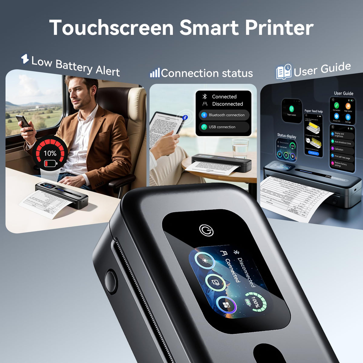 Phomemo Upgraded Portable Printer with Touchscreen, M832D Bluetooth Wireless Thermal Inkless Printer, Supports 8.5"x11" US Letter & A4, Compatible with iOS, Android, PC for Travel, Black