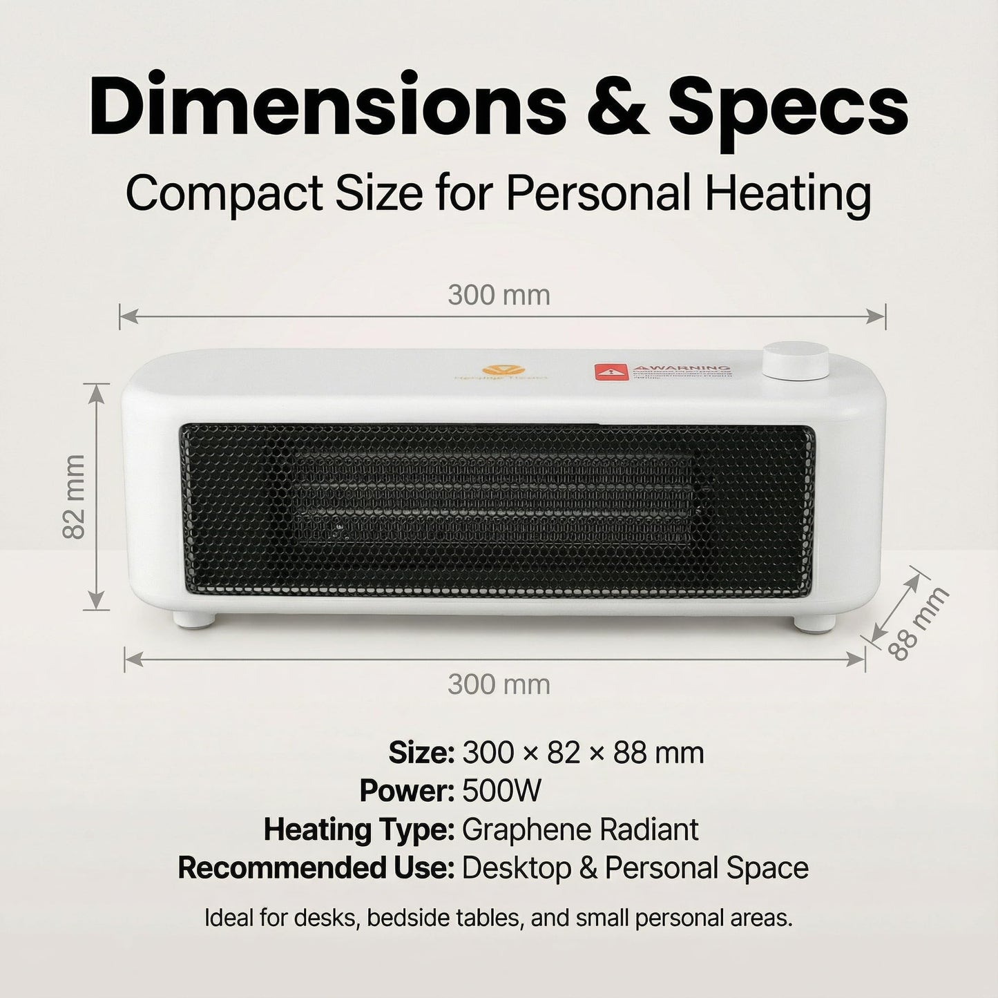 500W Graphene Far-Infrared Mini Desktop Heater, Low-Noise Personal Space Heater with Overheat Protection, Compact Under-Desk & Office Heater, 2 Heat Settings, Safe-Touch Housing