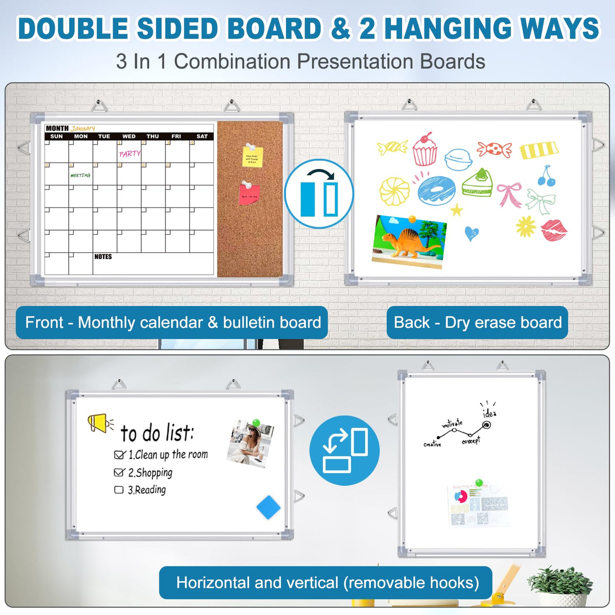 YUYIUS Calendar Whiteboard for Wall, 16" x 12" Double Sided Monthly Dry Erase Board Calendar for Office, Home, School, Hanging Cork Board White Board Combo, Portable Magnetic Dry Erase Planner Board