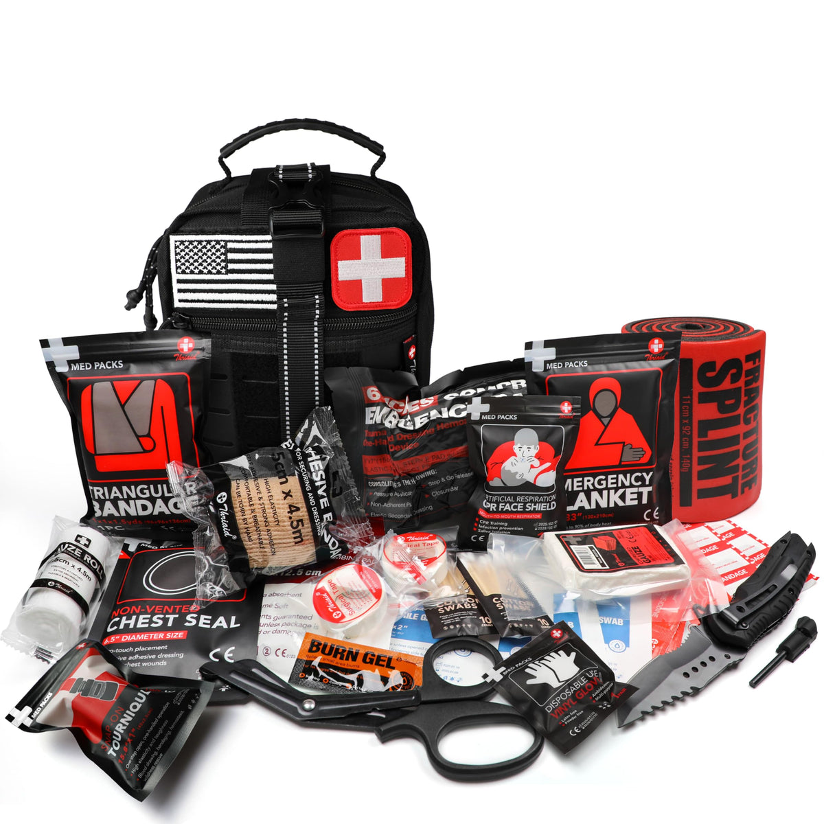 Survival First Aid Kit with Israeli Bandage, Chest Seal, Tourniquet, Splint, Tactical Military Combat Molle IFAK for Wound Care, Bleeding Control, Trauma Hemorrhage and More (Black)