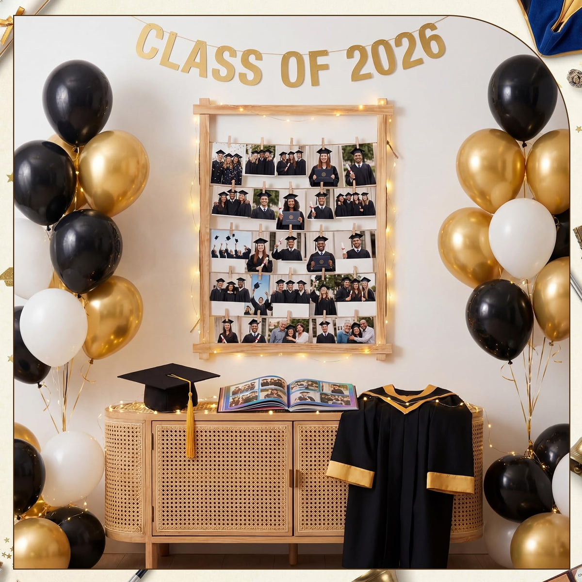 Cinnvoice 33x25 Inch Graduation Decorations Class of 2026 Freestanding Photo Display Board with 30 Clips Stable Tabletop Wooden Picture Frame Collage for Party Hanging Photos Postcards Greeting Cards