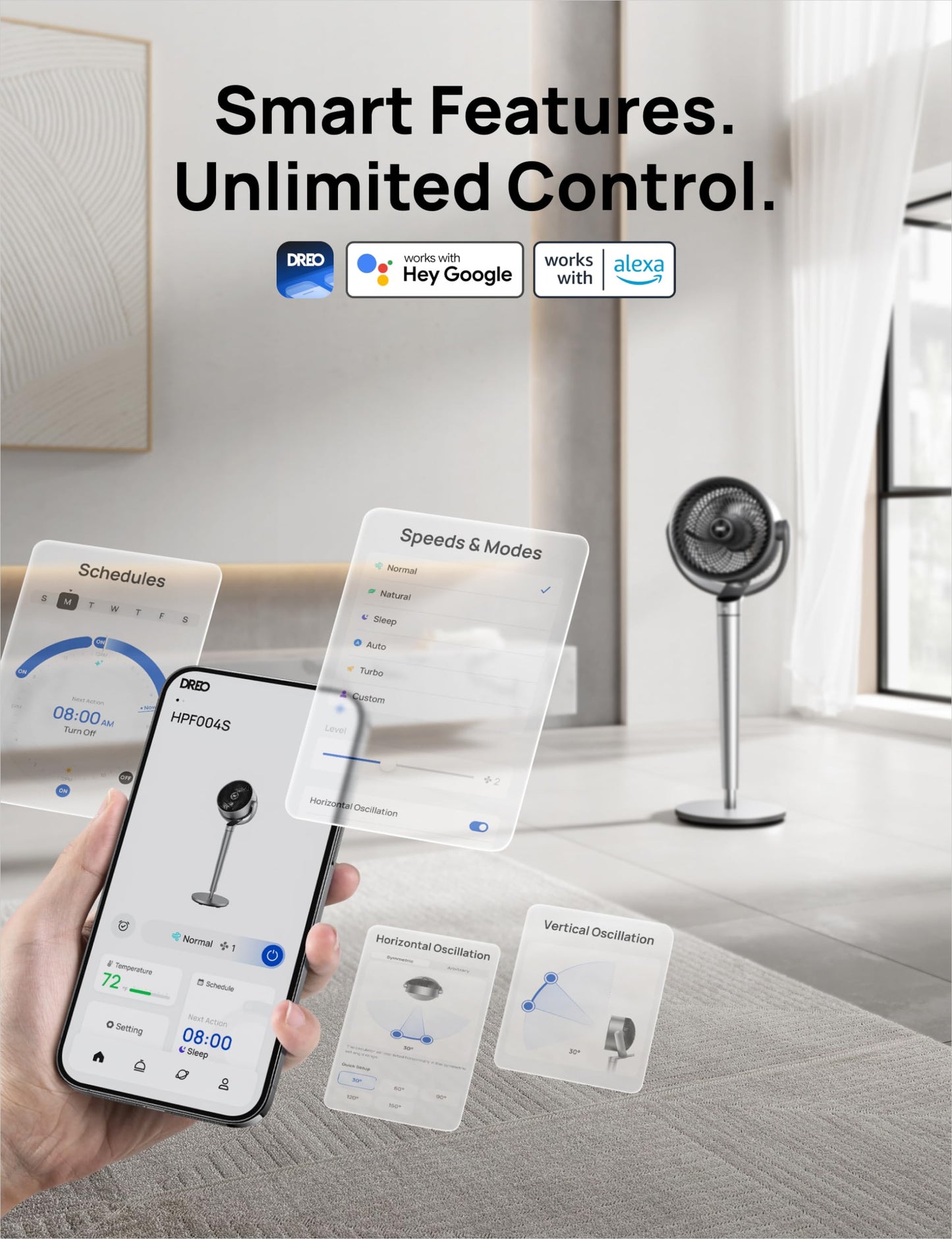 Dreo Smart Fan for Bedroom, 110ft Pedestal Fan with DC Motor, 150°+120° Omni-Directional Oscillation, Quiet Floor Fan with Smart Control, 9 Speeds, 6 Modes, 43'' Inches, 12H Timer, Wi-Fi/Voice/Alexa