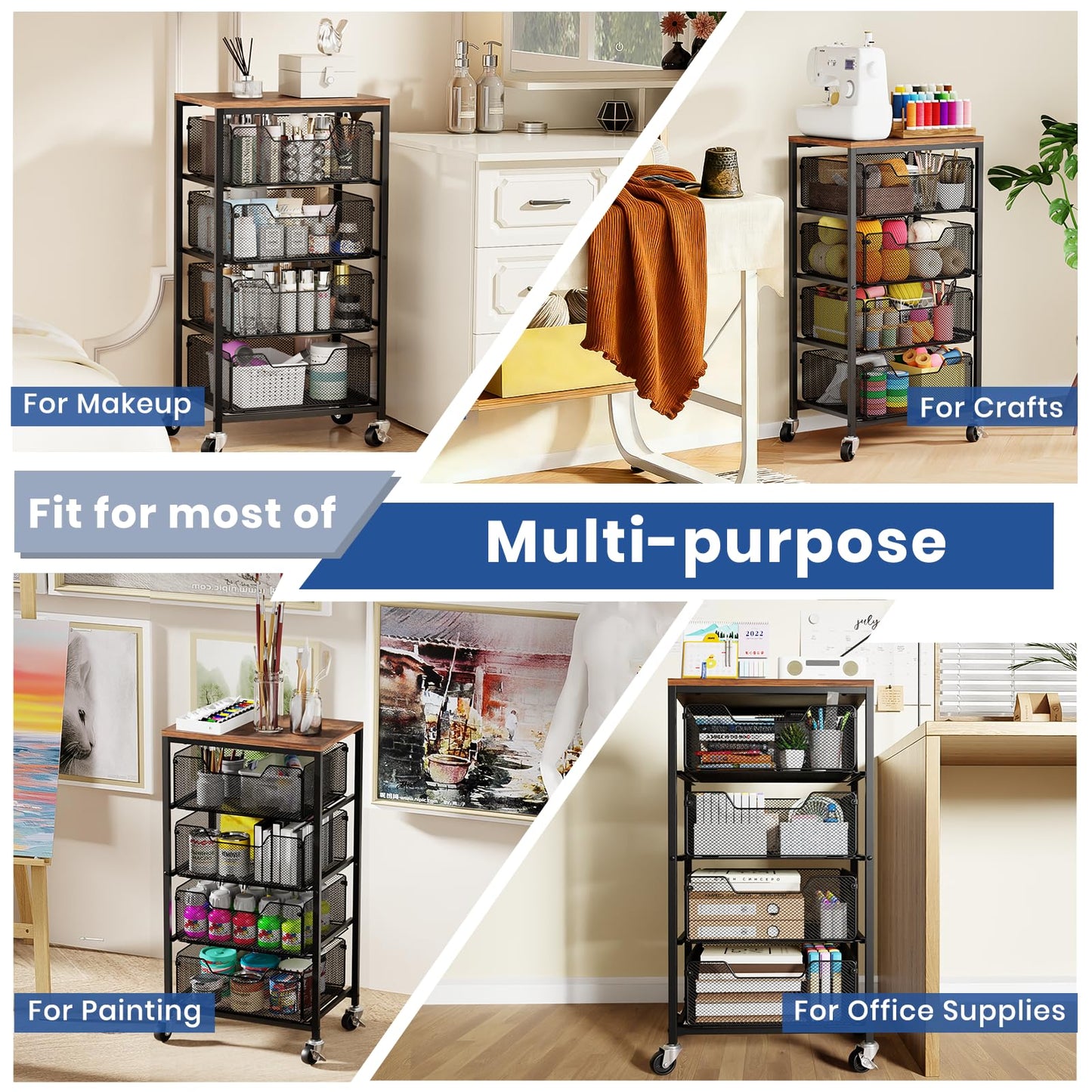 Goovilla Kitchen Cart with Drawers, 4 Tier Metal Rolling Utility Cart Organizer on Lockable Wheels with Wooden Top, Black Fruit Vegetable Storage Rack Also for Cans, Snack, Craft, Art, Office, Beauty