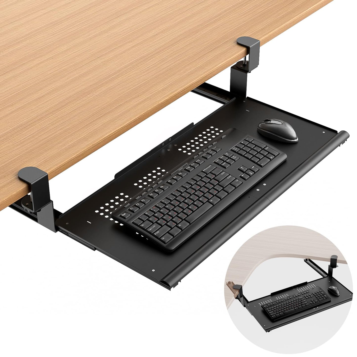 Strifuture Keyboard Tray Under Desk - Full Metal Slide Out Holder, Rust-Resistant & Scratch-Proof, Double C-Clamps, 26x13" Tray for L Shape/Regular Desks, Standing/Sitting Workstation(Black-B)