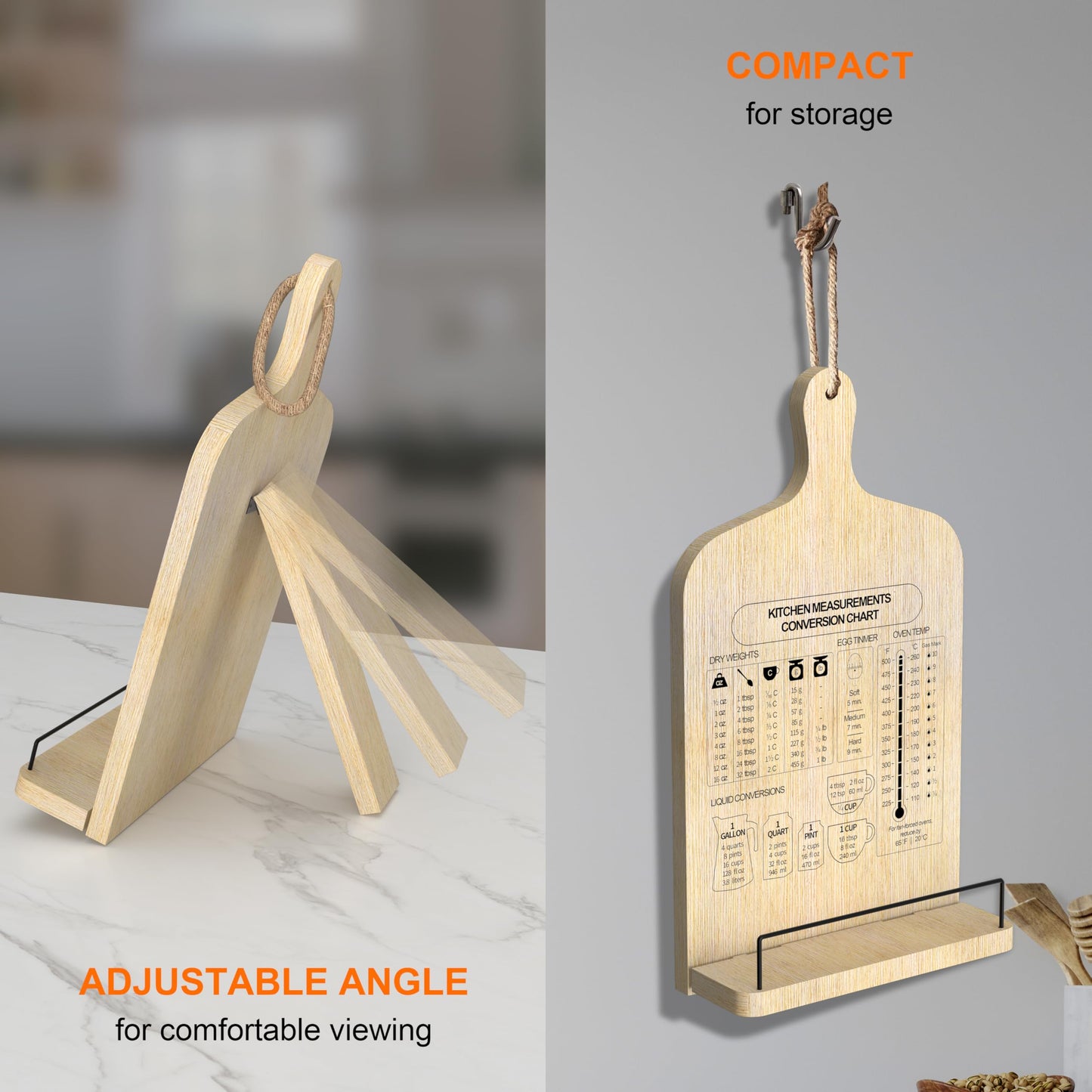 ZEUMIE Bamboo Cookbook Stand, Adjustable Cookbook Holder Stand, Recipe Book Holder with Measurement Conversion Chart, Cook Book Stand for Kitchen Counter, Essential Accessories Gifts for Bakers Women