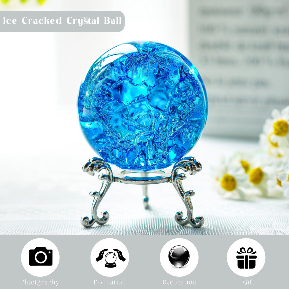 kanpura 60mm Ice Cracked Crystal Ball Paperweight Crystal Ball with Stand Glass Ball Ornament for Christmas Home Decor(Blue)