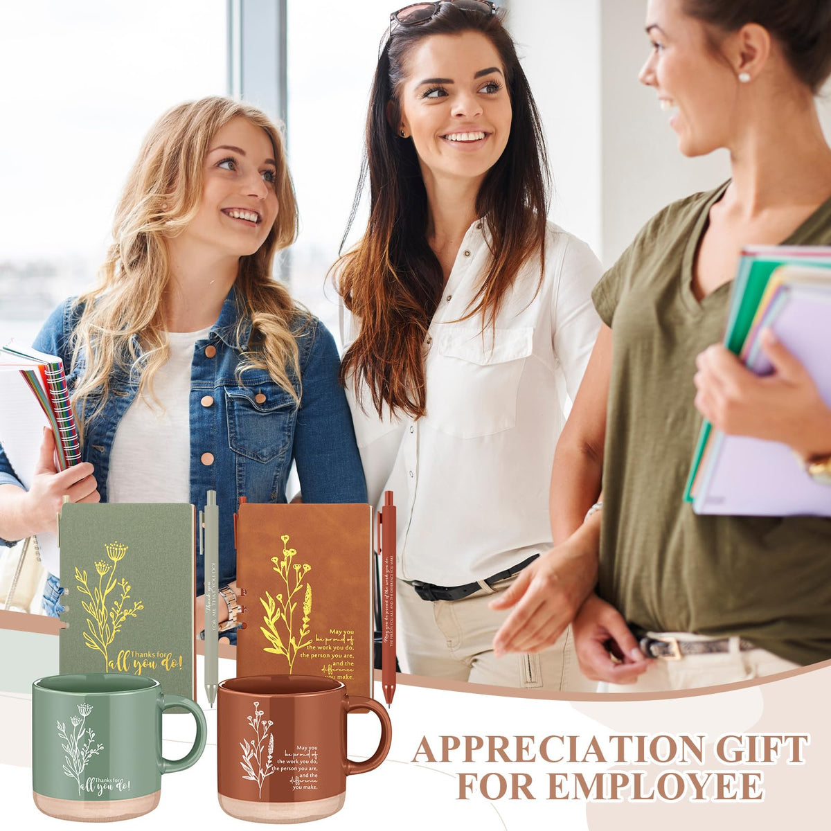 Didaey Employee Appreciation Gifts Set 13oz Boho Floral Ceramics Coffee Mugs with A6 Leather Notebooks Ballpoint Pens Bulk Teacher Thank You Gift for Volunteer Coworkers Staff Nurse(2 Sets,2 Colors)