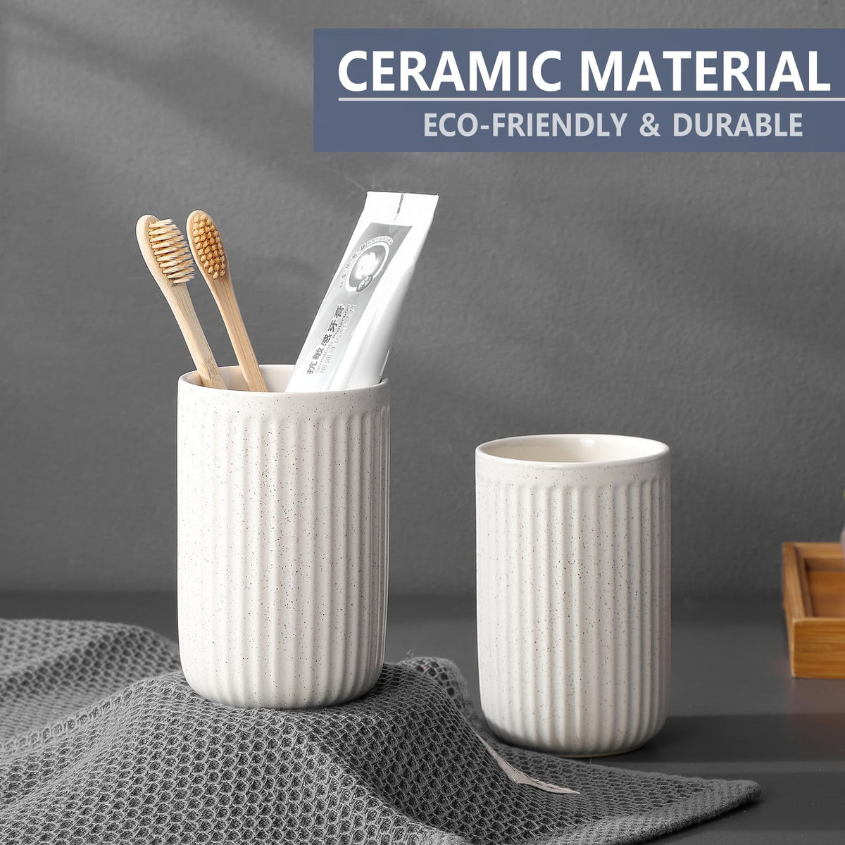 BSDISP Toothbrush Holders - 2 Cup Ceramic Toothbrush Toothpaste Holders Set, Beige Bathroom Tumbler Cups Reusable Toothbrush Mouthwash Cup, Bathroom Counter Organizer