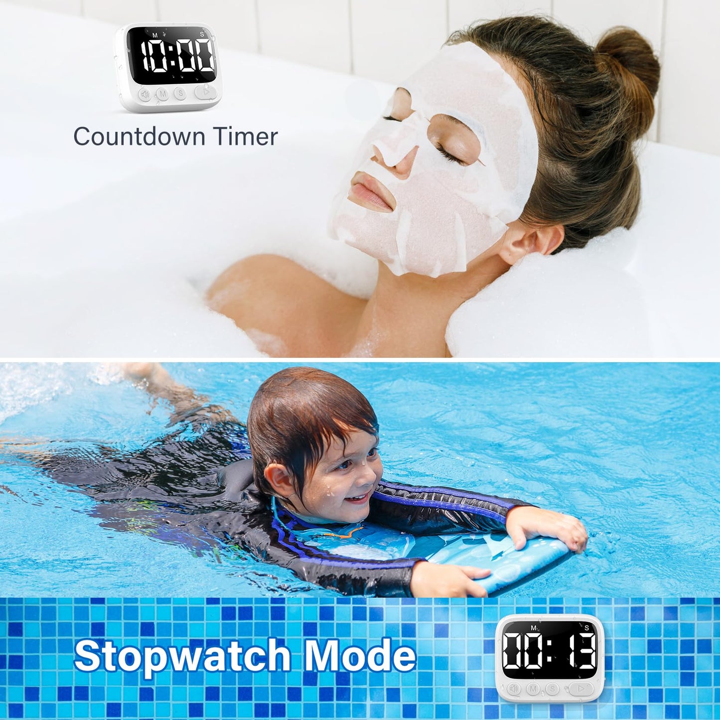 HAUKINIX Shower Timer Waterproof Bathroom Toilet Timer Digital Kitchen for Wall Mount, Study w/Foldable Stand, Countdown Stopwatch w/Suction Cup for Swim, Rechargeable, White