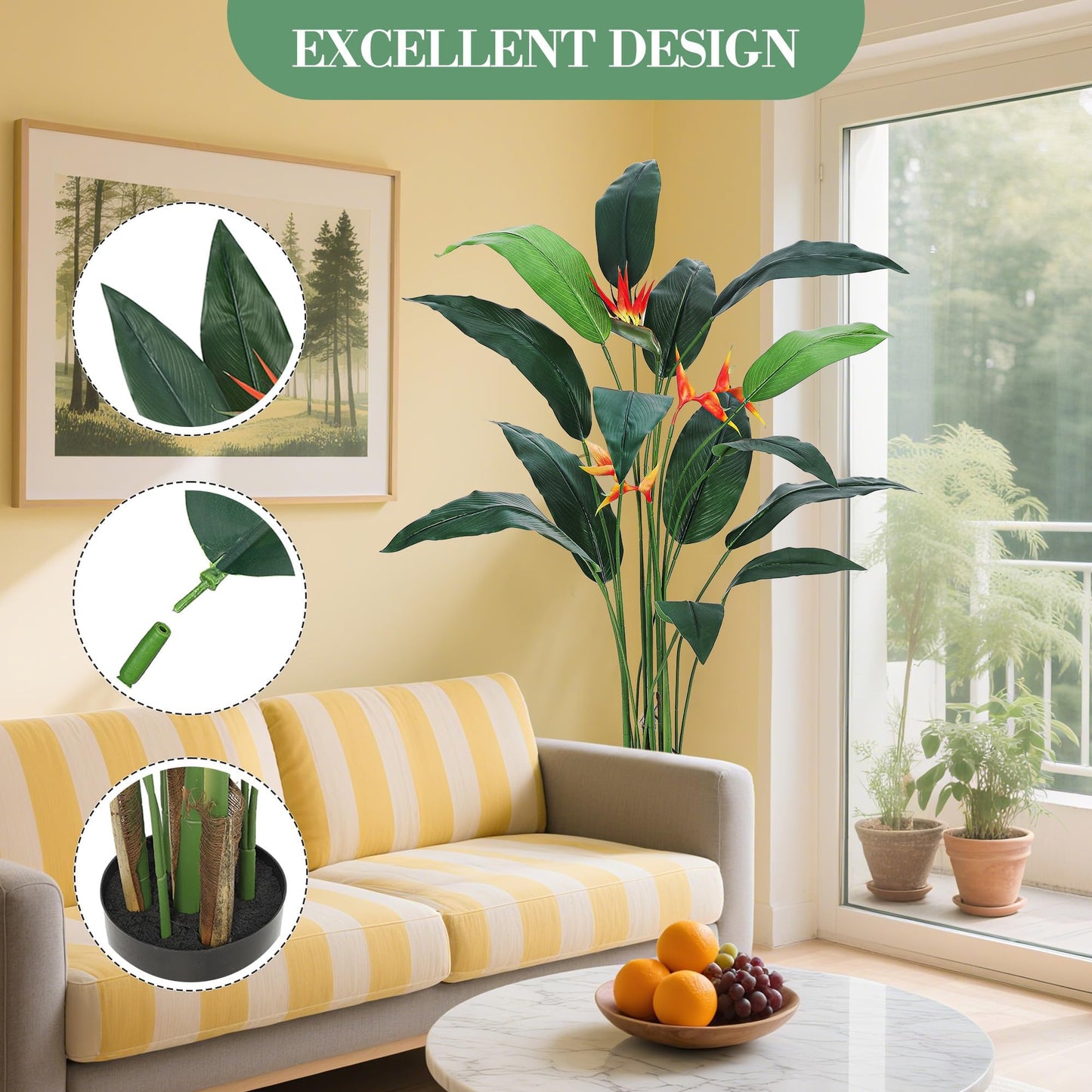 Realistic Artificial Bird of Paradise Plant Palm Tree, 7FT 6FT Tall Fake Tree with Lifelike Faux Leaves, 14 20 Trunks, Silk Indoor Outdoor Greenery, Easy Assembly Home Office Decor, 1 Pack