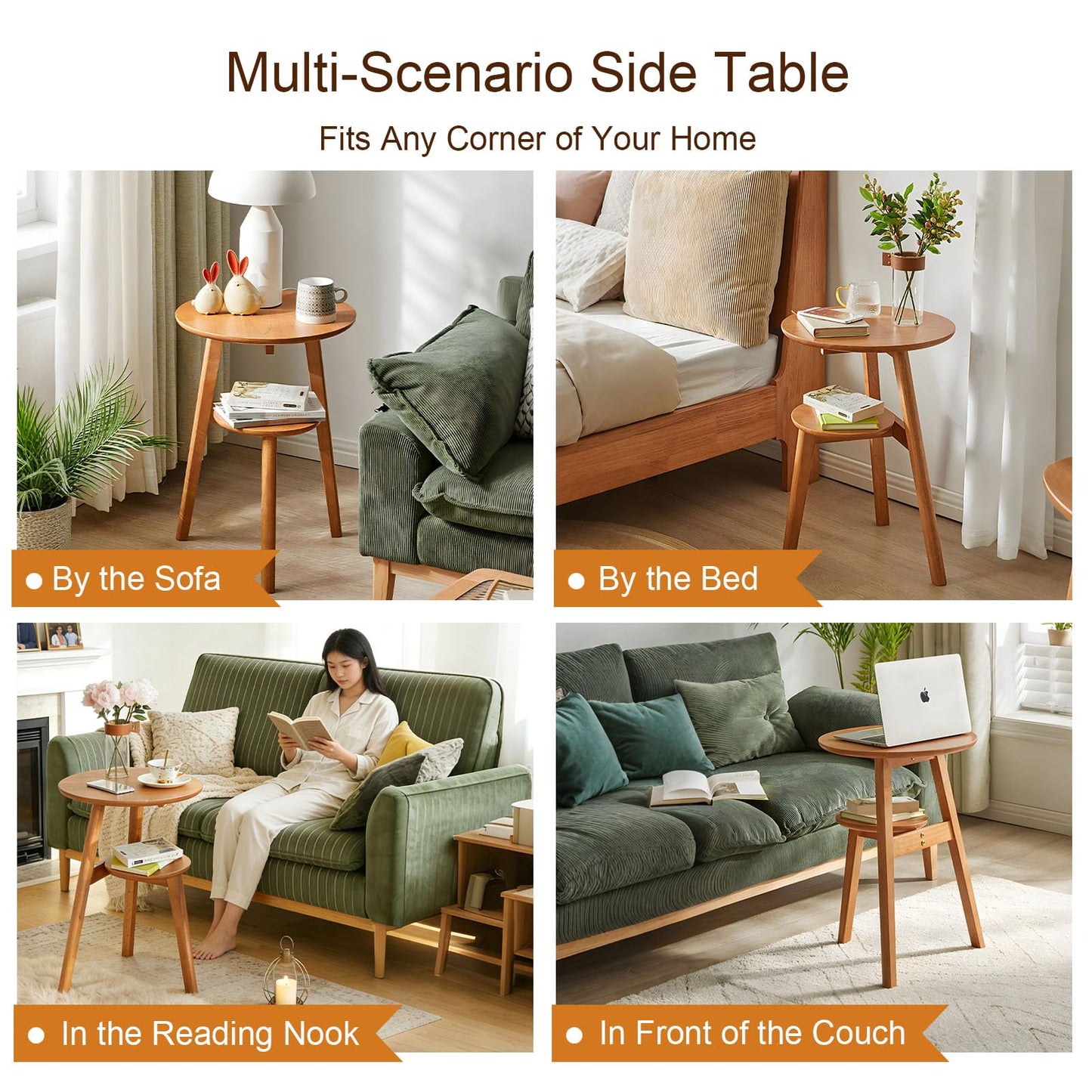 Towood Lifee Side Table, Small Round End Table with 2-Tier Shelf, Solid Wood Nightstand for Small Spaces, Mid Century Modern Accent Table for Living Room Bedroom, Natural