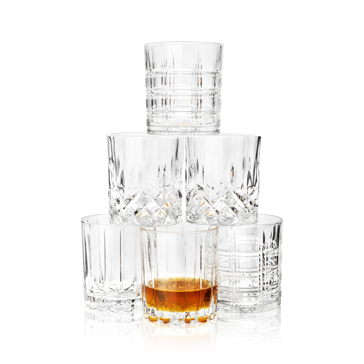 KANARS Crystal Whiskey Glasses, Mixed 10 Oz Scotch Glasses Set of 6, Rock Bar Tumblers 3 Patterns in Luxury Gift Box for Birthday, Anniversary, Housewarming, Father's Day and Wedding