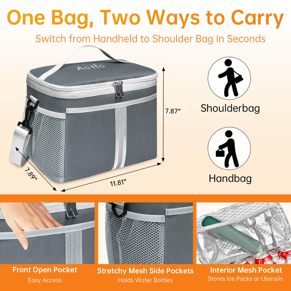 Aotto Insulated Lunch Bag - Large Thermal Tote for Women & Men, Reusable Cooler with Front Pocket, Dual Side Pockets, Interior Mesh Organizer & Adjustable Shoulder Strap for Office, Travel, Picnic