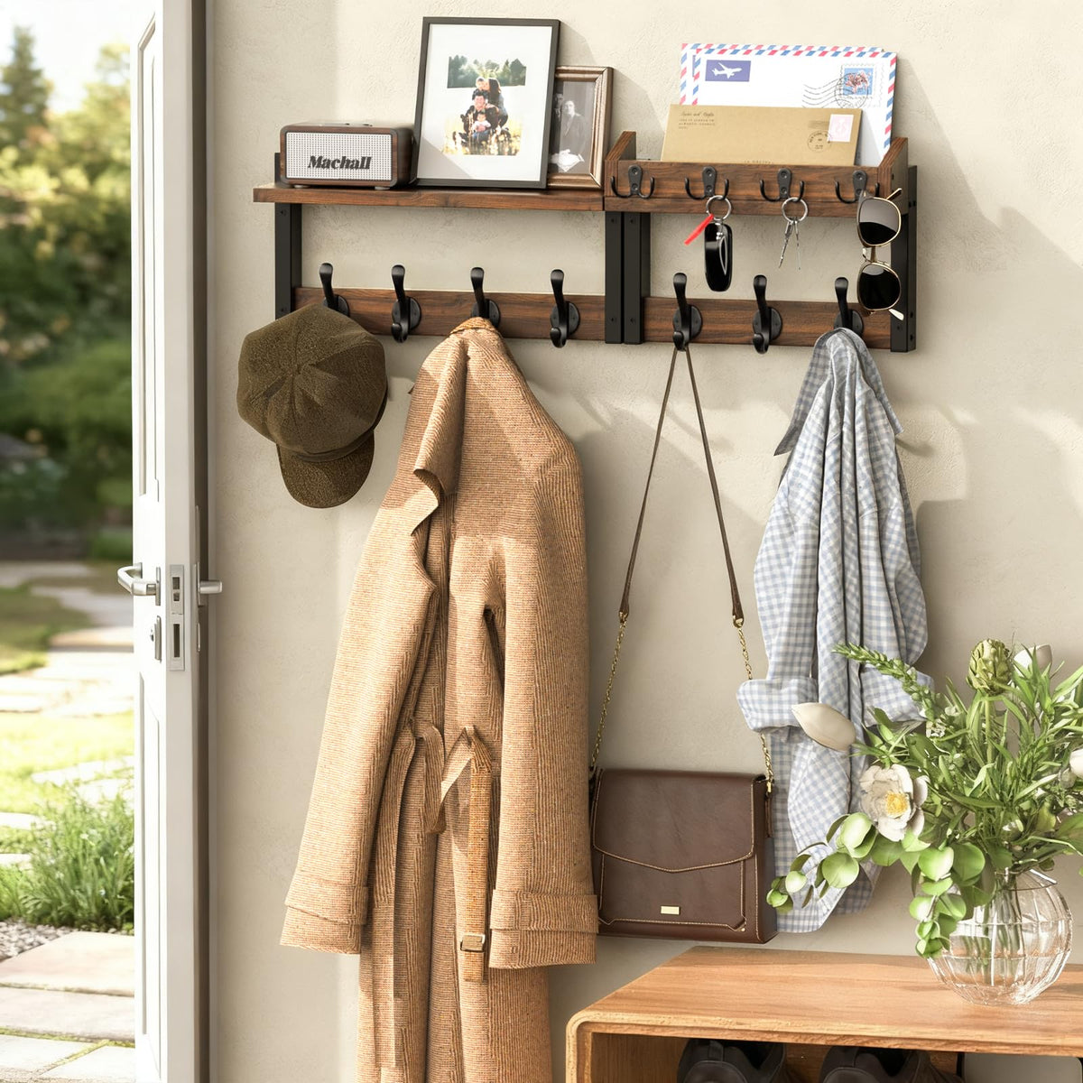29'' Rustic Coat Rack Wall Mount with Shelf, Solid Wood Coat and Key Hanger with 11 Metal Hooks, Farmhouse Wall Organizer for Mail, Entryway Wall Hangers for Hats, Clothes, Backpacks, Mudroom
