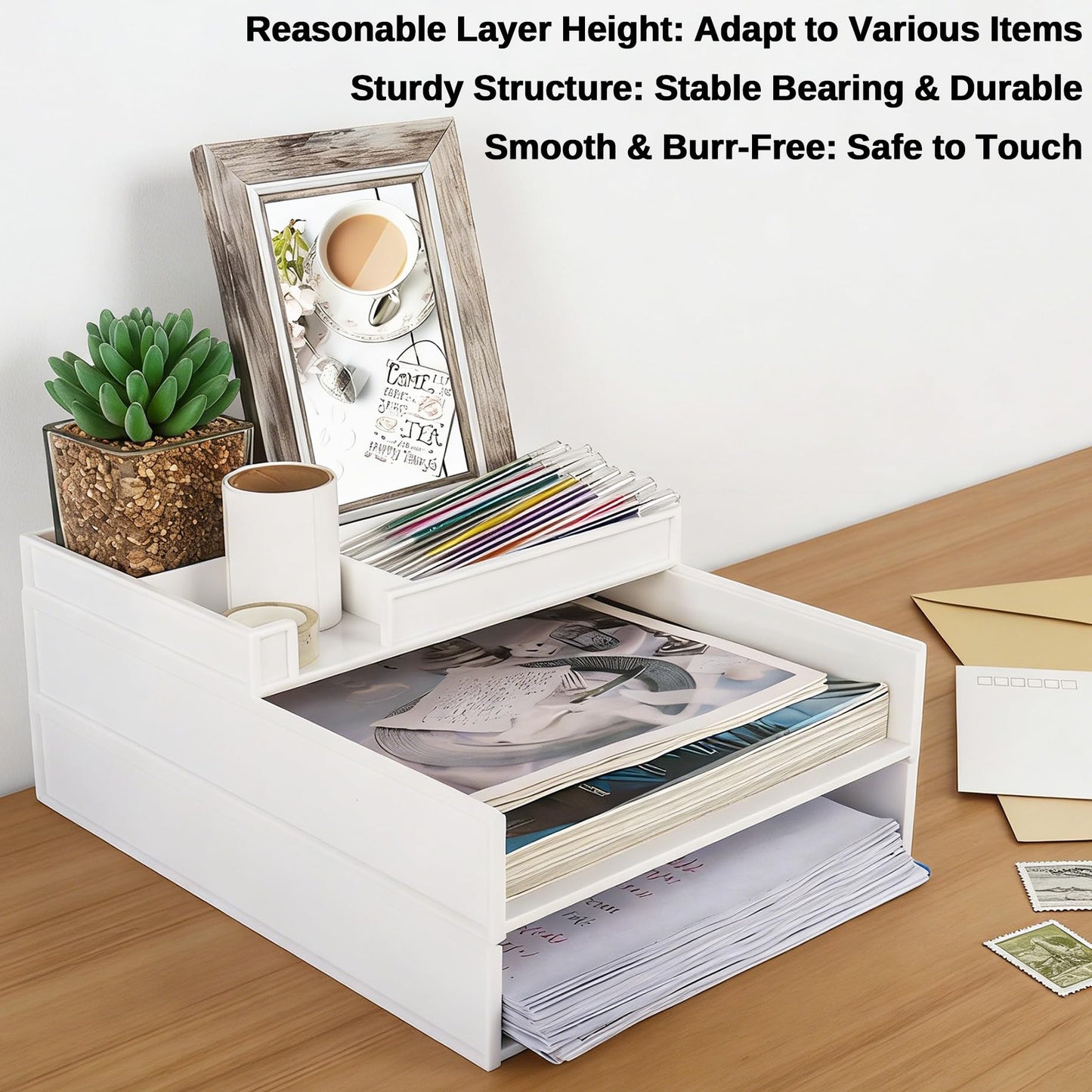 Legrape Stackable Letter Tray Paper Organizer, 3 Tier Stackable Paper Tray, Plastic Document Tray for A4 Files, Letters, Notebooks, White